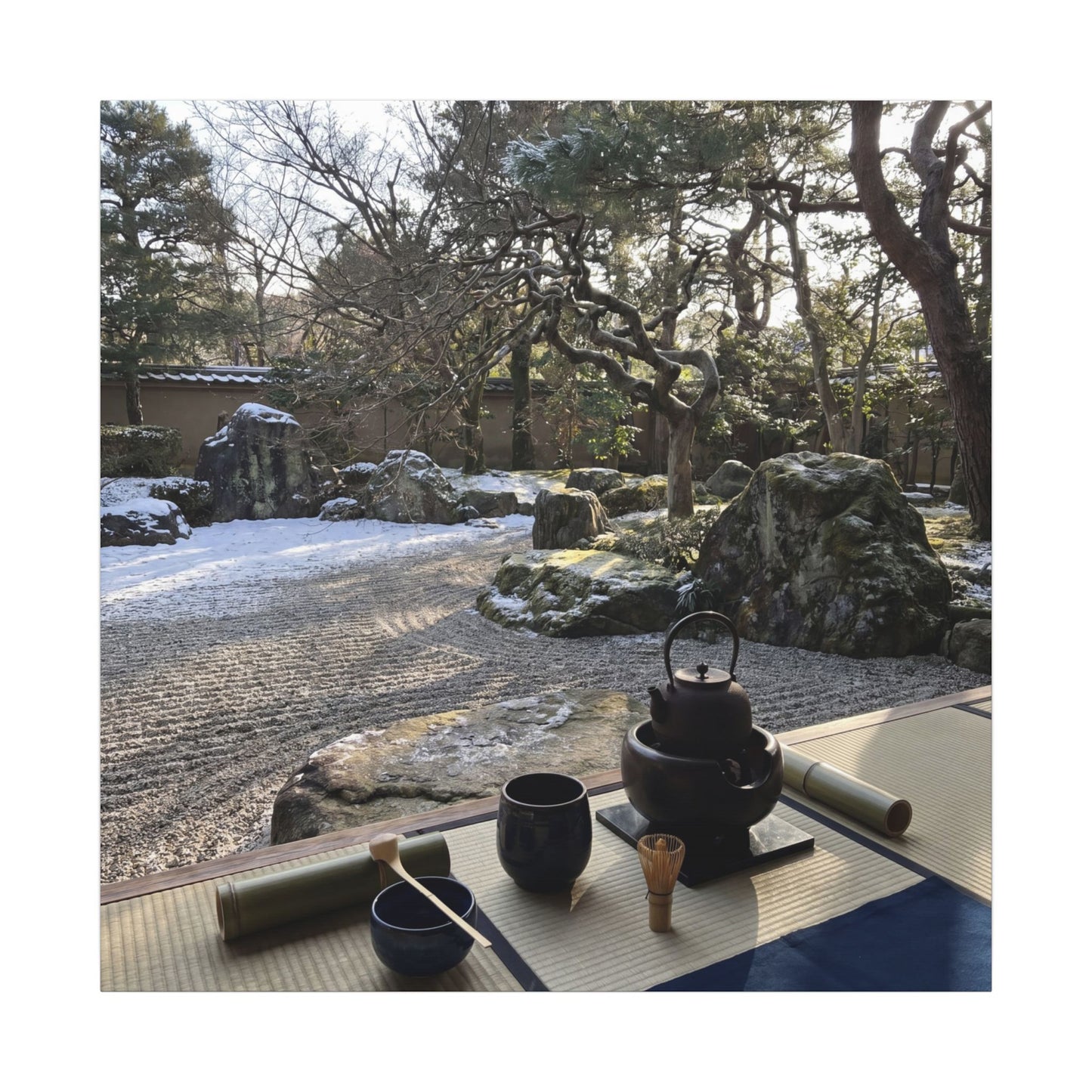 Winter Tea Ceremony Karesansui Canvas Art | Serene Decor