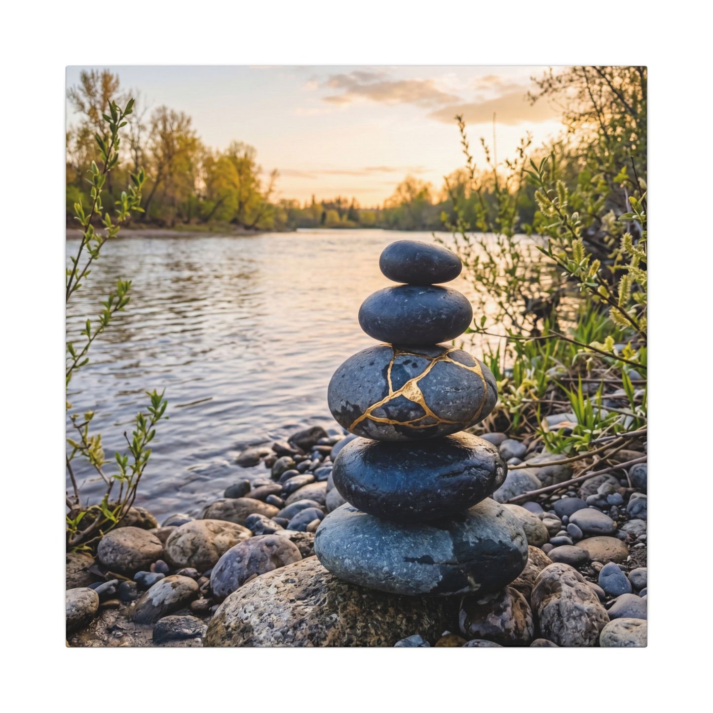 Kintsugi River Stones in Golden Hour | Gold Vein Canvas Art