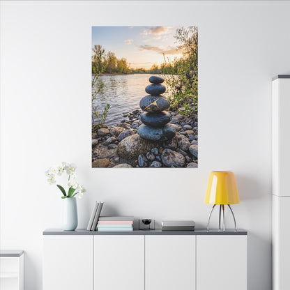 Kintsugi River Stones in Golden Hour | Gold Vein Canvas Art