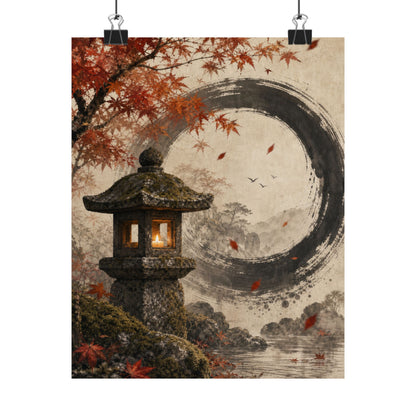 Autumn Stone Lantern Enso Wall Art Print | Serene Decor