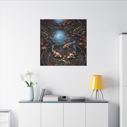 Koi Pond Canvas Art | Autumn Kintsugi Gold Repair Art