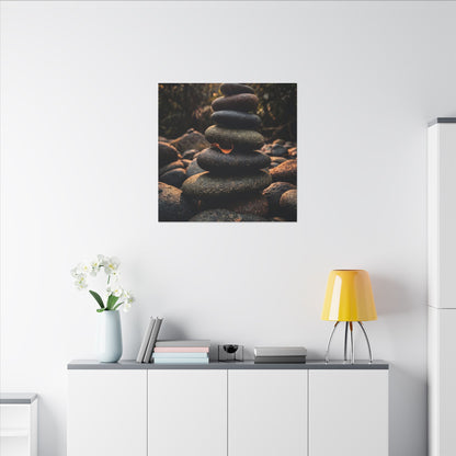 Dark Japandi River Stones in Golden Hour | Moody Minimal Canvas Art