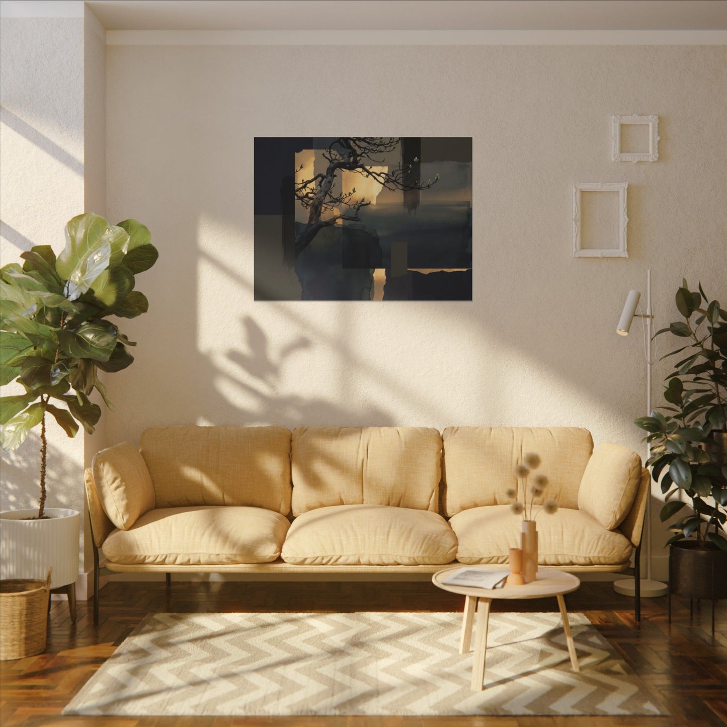 Golden Hour Pine Tree Canvas Art - Dark Japandi Kanso