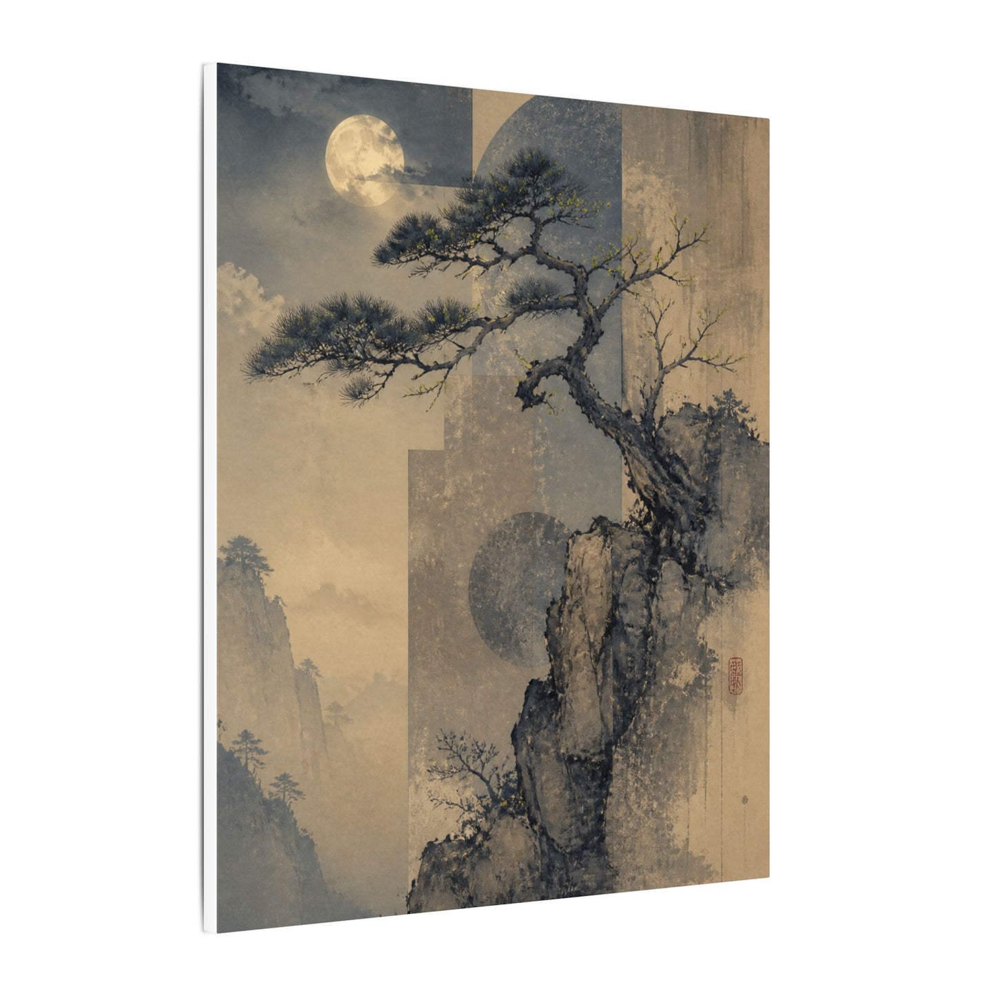Japandi Pine Tree in Moonlight | Japanese Pattern Canvas Art