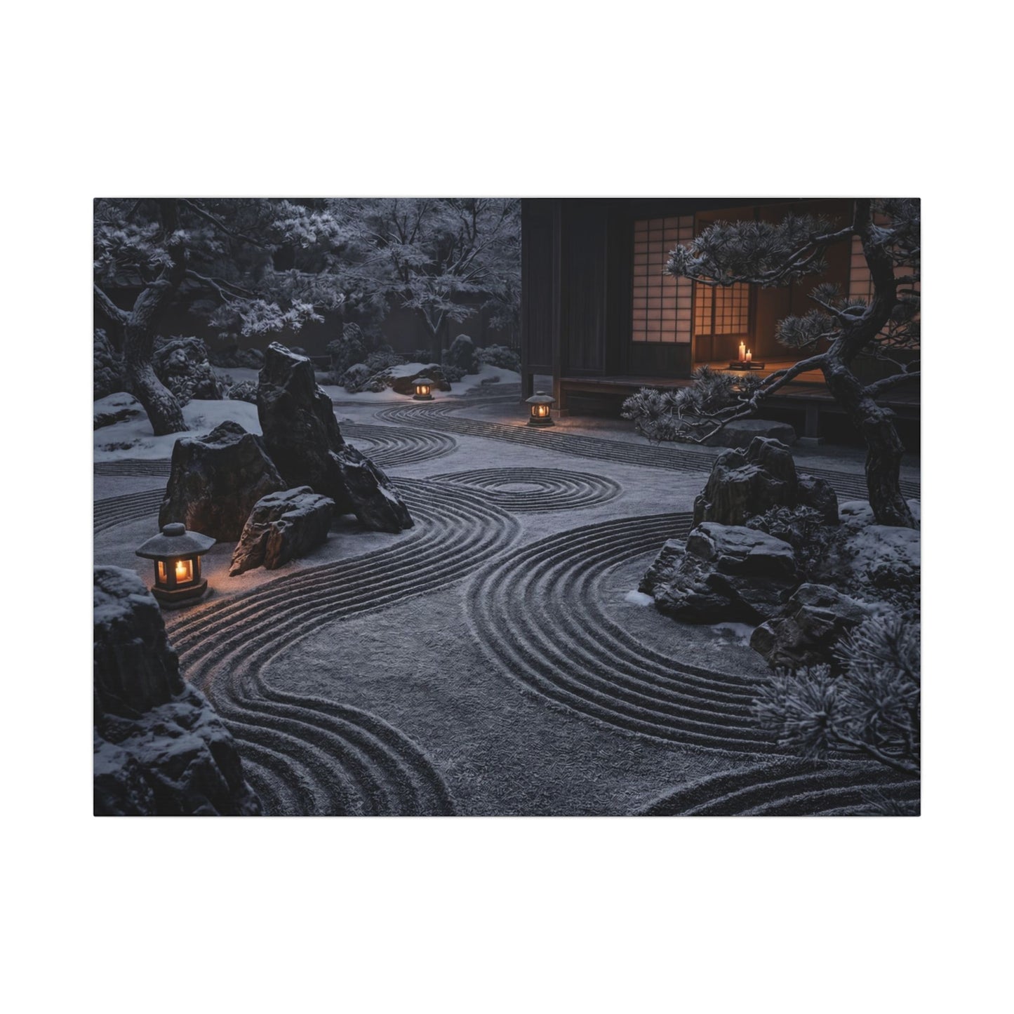 Candlelight Rock Garden Canvas Art - Dark Japandi Fukinsei Art Print