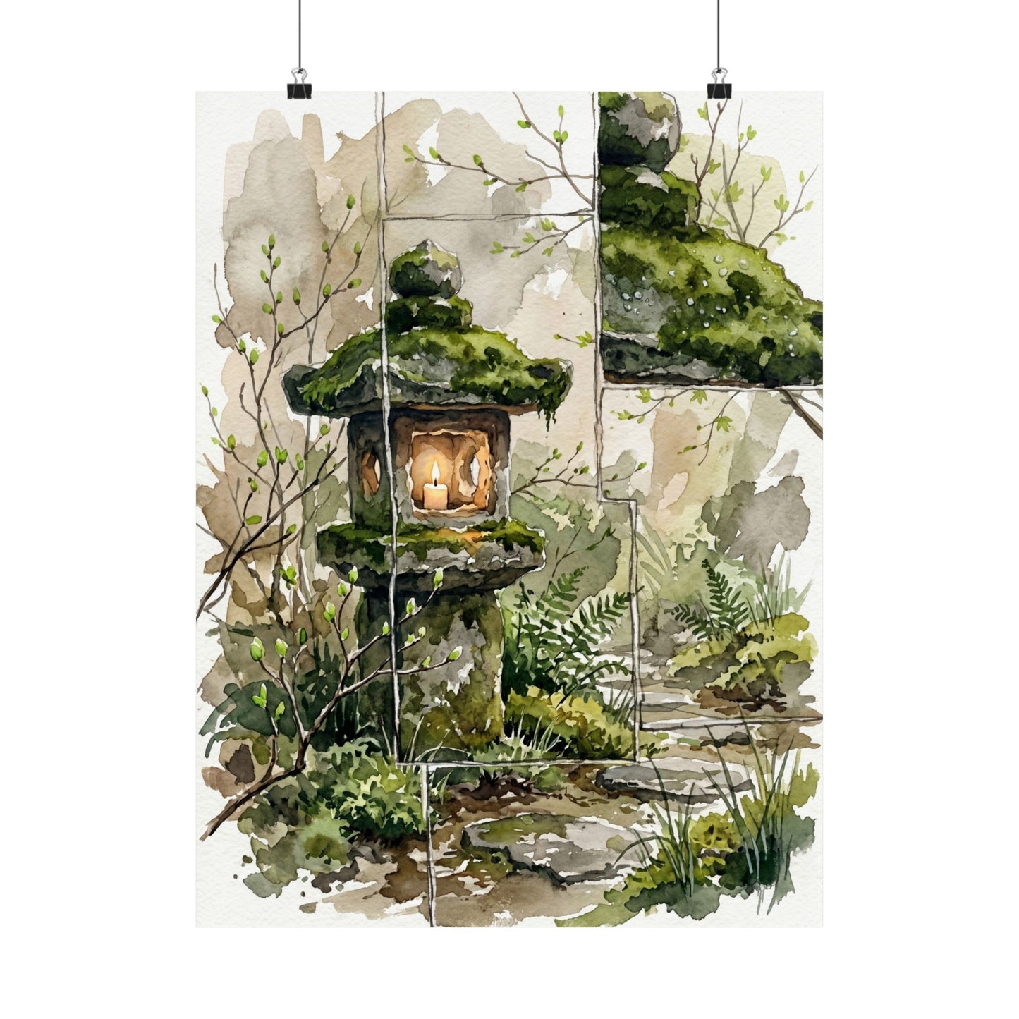 Stone Lantern Spring Wall Art Print | Japandi Neutral Design
