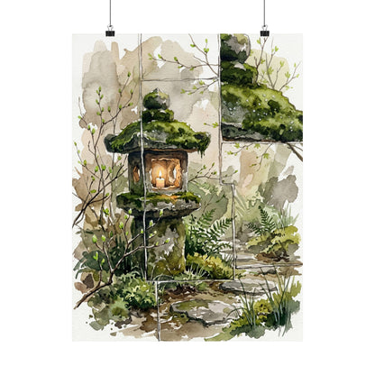 Stone Lantern Spring Wall Art Print | Japandi Neutral Design
