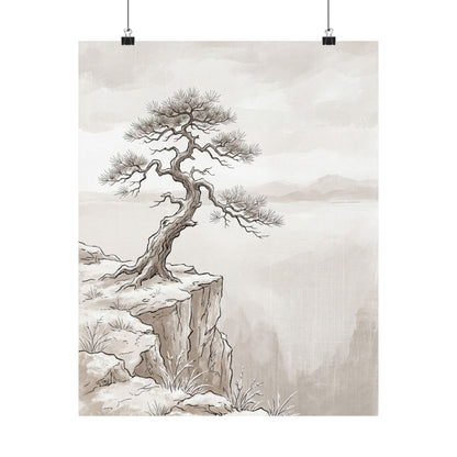 Japandi Pine Tree in Overcast | Minimal Line Wall Art Print