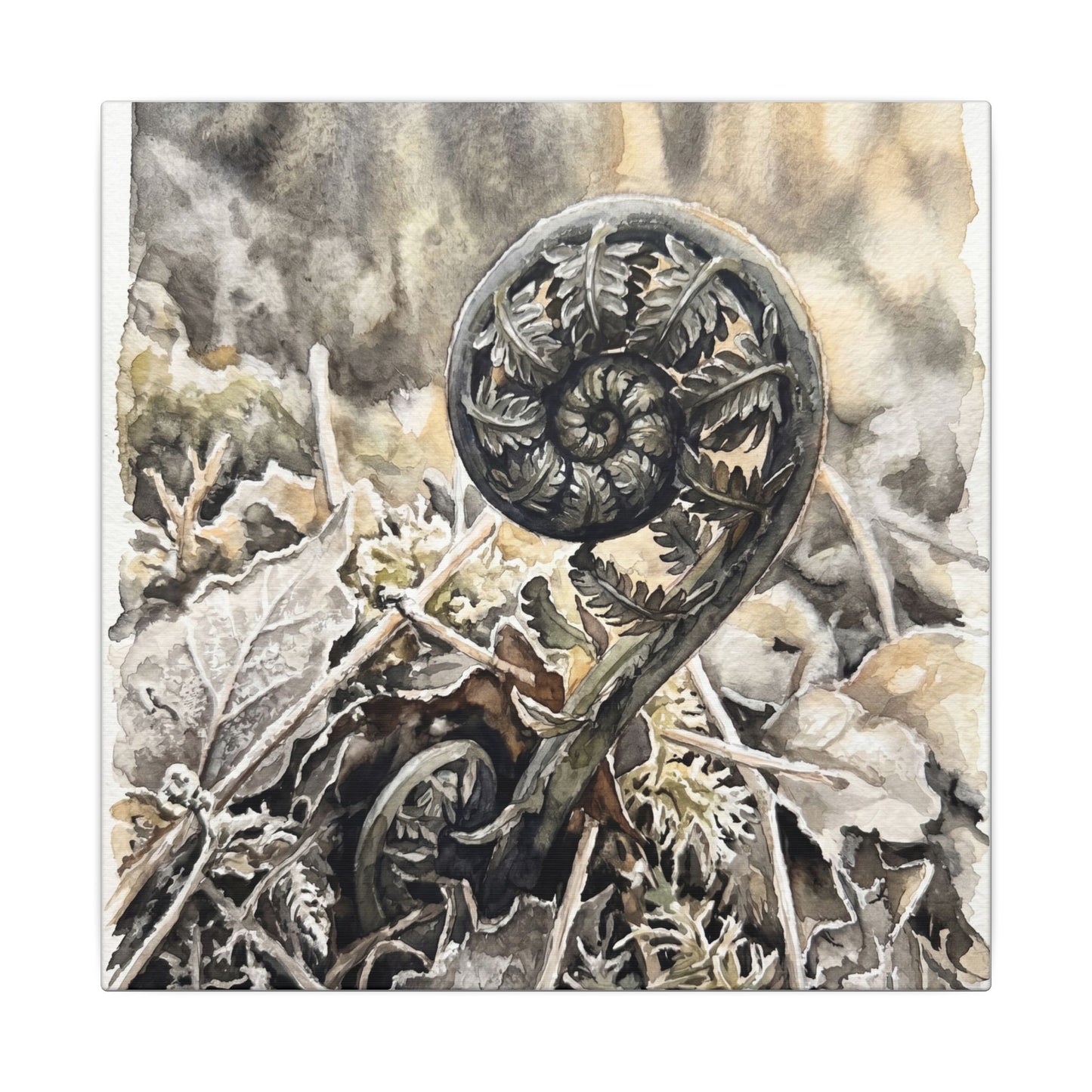 Japandi Fern Unfurling in Golden Hour | Watercolor Canvas Art