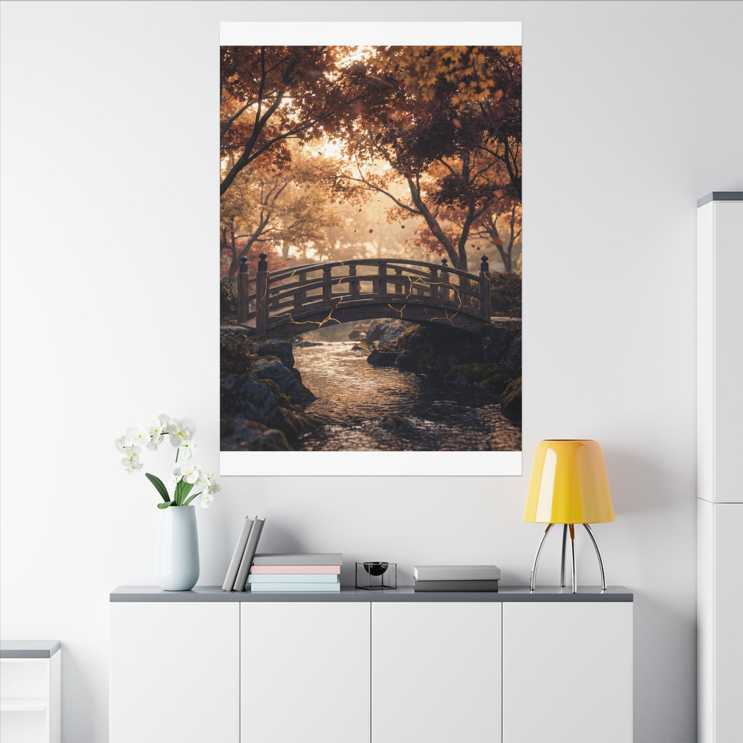 Autumn Wooden Bridge Gold Vein Canvas Art | Resilient Decor