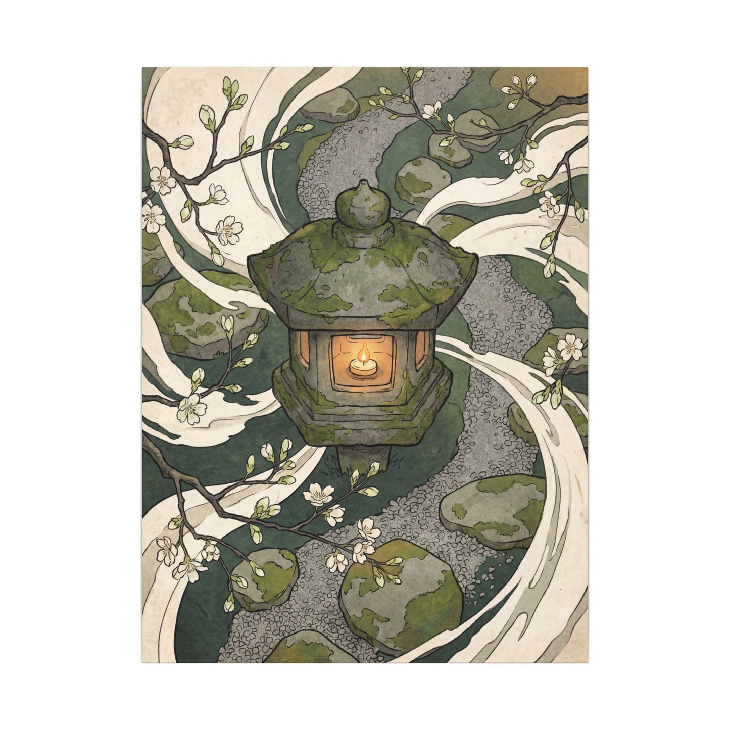 Zen Stone Lantern in Candlelight | Ukiyo E Inspired Canvas Art