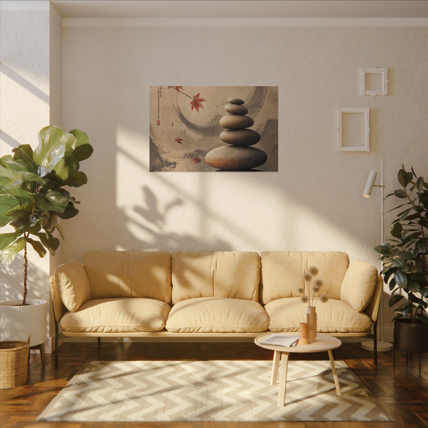 Japandi River Stones in Candlelight | Japanese Pattern Canvas Art