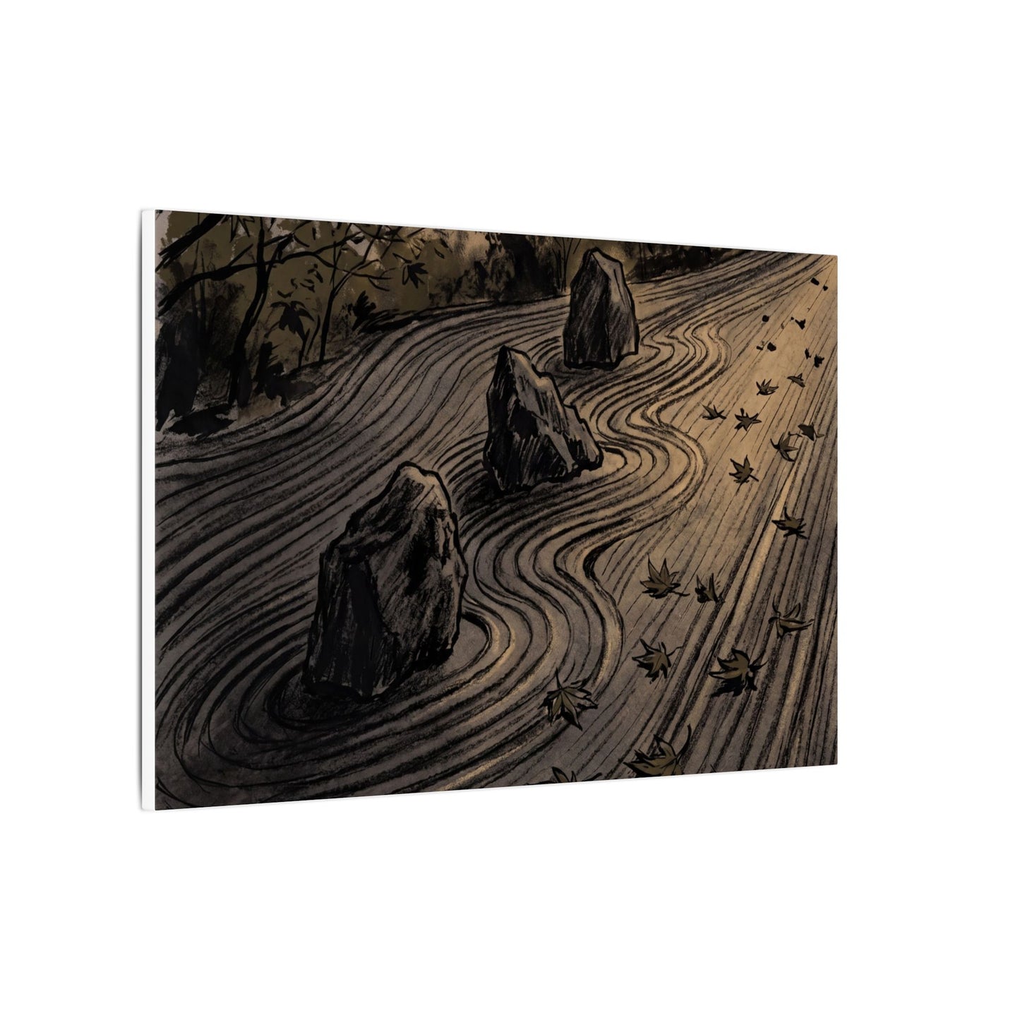 Rock Garden Canvas Art | Autumn Dark Japandi Charcoal Ink Art