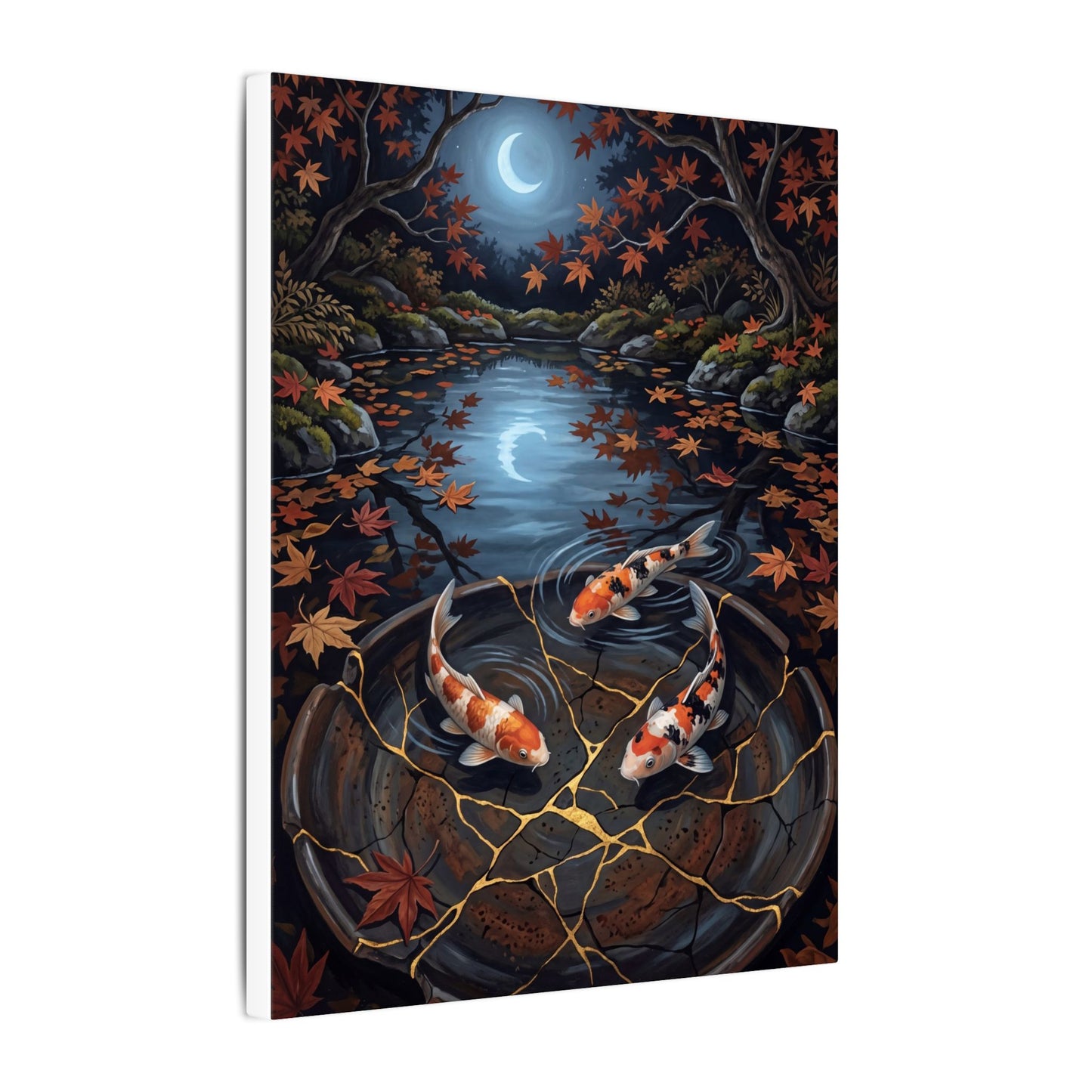 Koi Pond Canvas Art | Autumn Kintsugi Gold Repair Art
