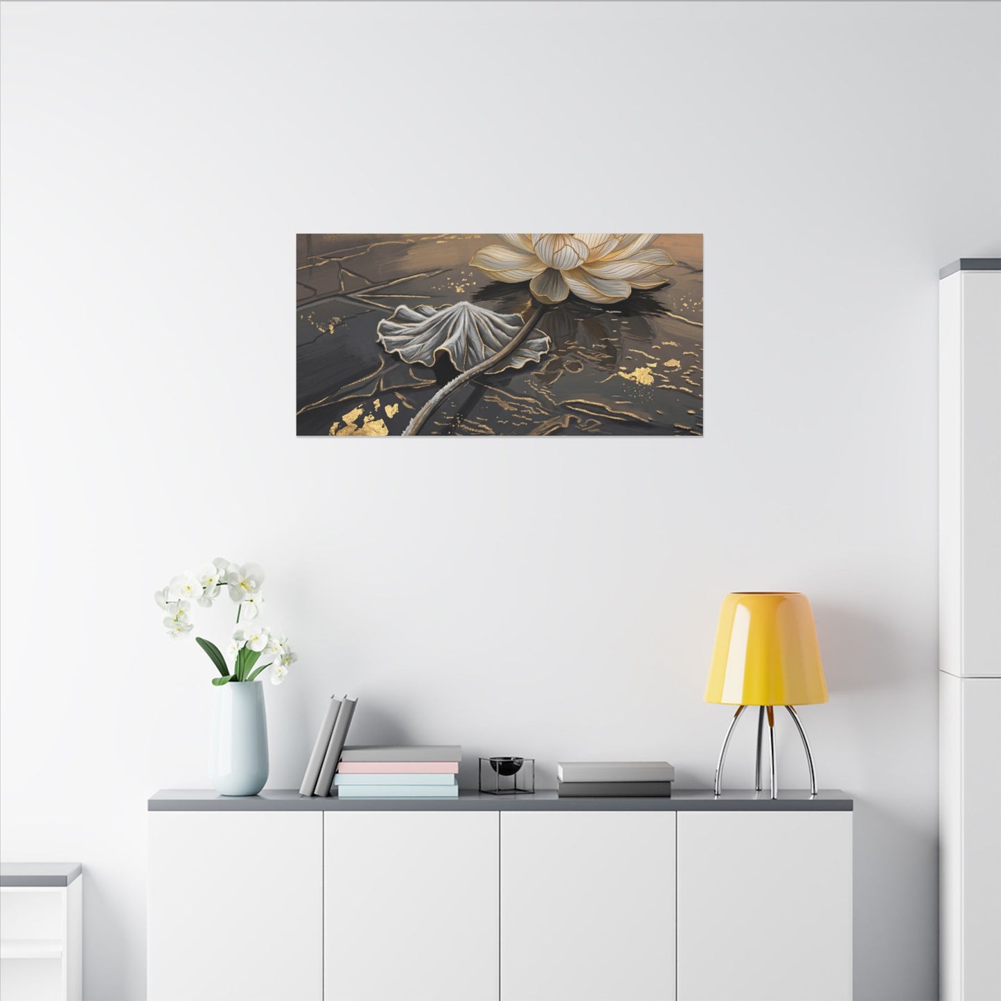 Kintsugi Lotus Flower in Golden Hour | Gold Vein Canvas Art