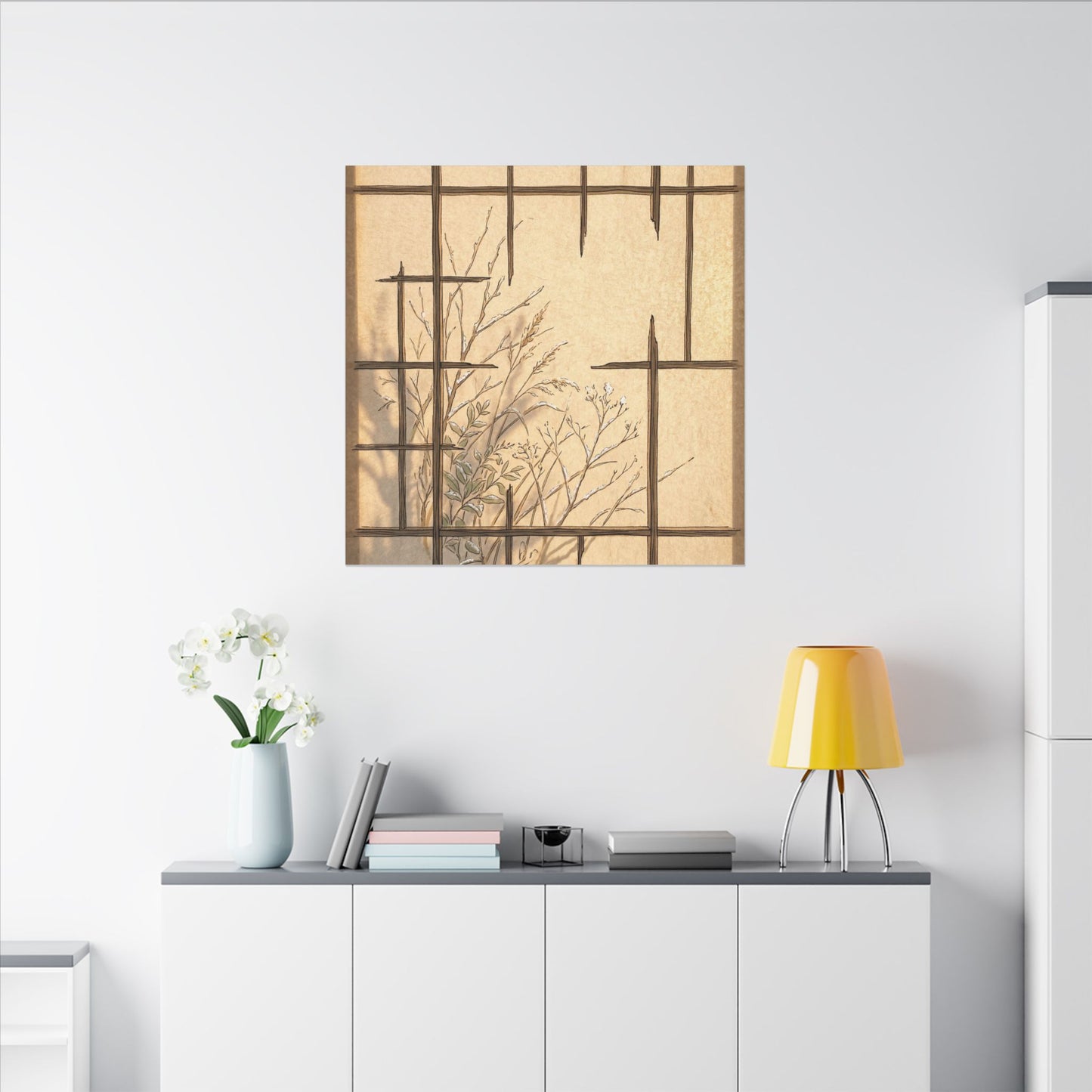 Shoji Screen Canvas Art | Winter Japandi Minimal Line Art