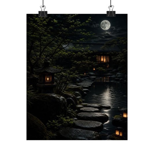 Ma Moonlit Garden Wall Art Print - Dark Japandi Shadow Zen