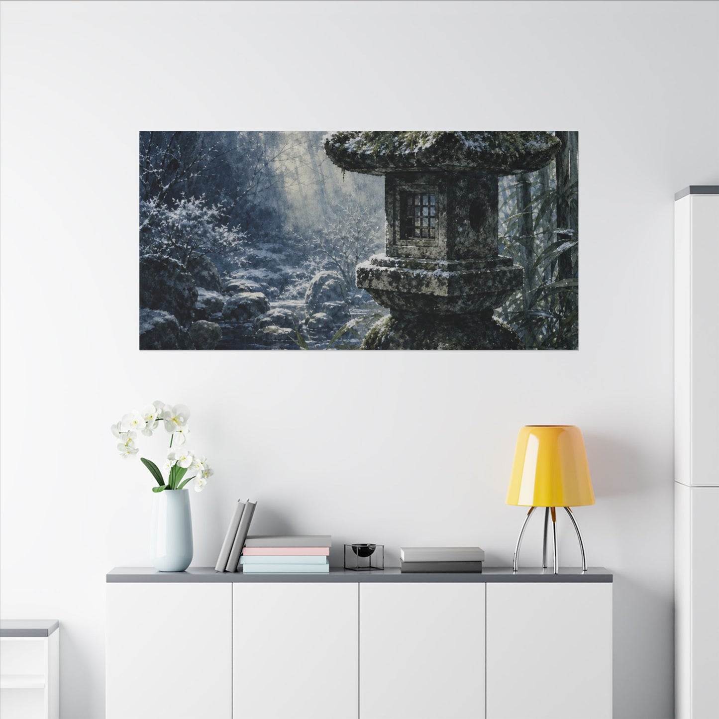 Zen Stone Lantern in Dappled | Sumi E Canvas Art