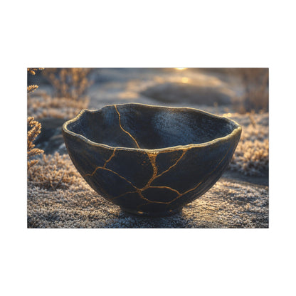 Ceramic Bowl Canvas Art | Winter Kintsugi Gold Repair Art