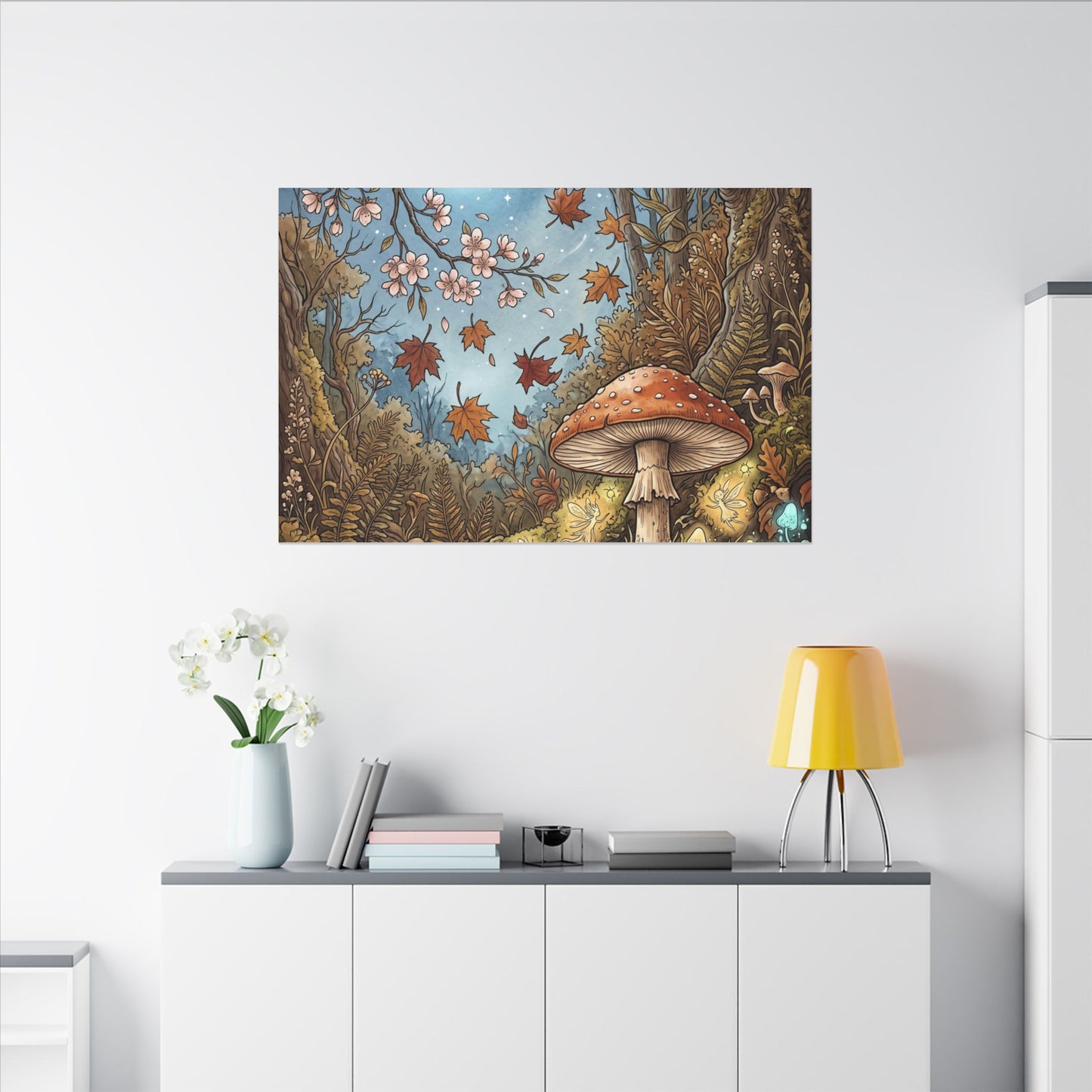 Autumn Cherry Blossom Mushroom Illustration Canvas Art | Enchanting Decor