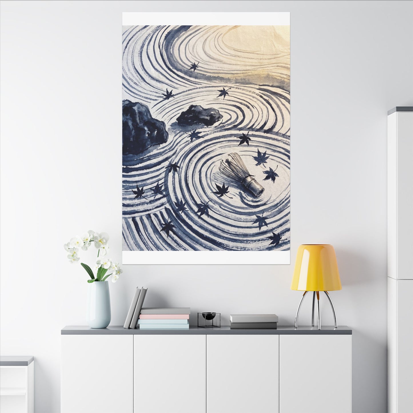 Zen Rock Garden in Golden Hour | Sumi E Canvas Art
