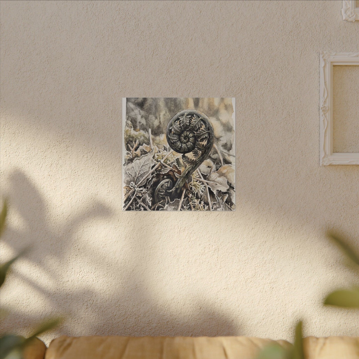 Japandi Fern Unfurling in Golden Hour | Watercolor Canvas Art