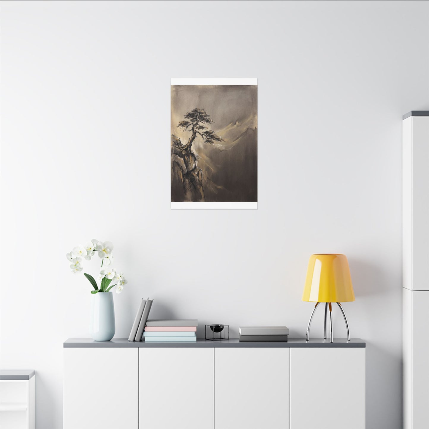 Pine Tree Charcoal Ink Canvas Art | Luxurious Dark Japandi Art