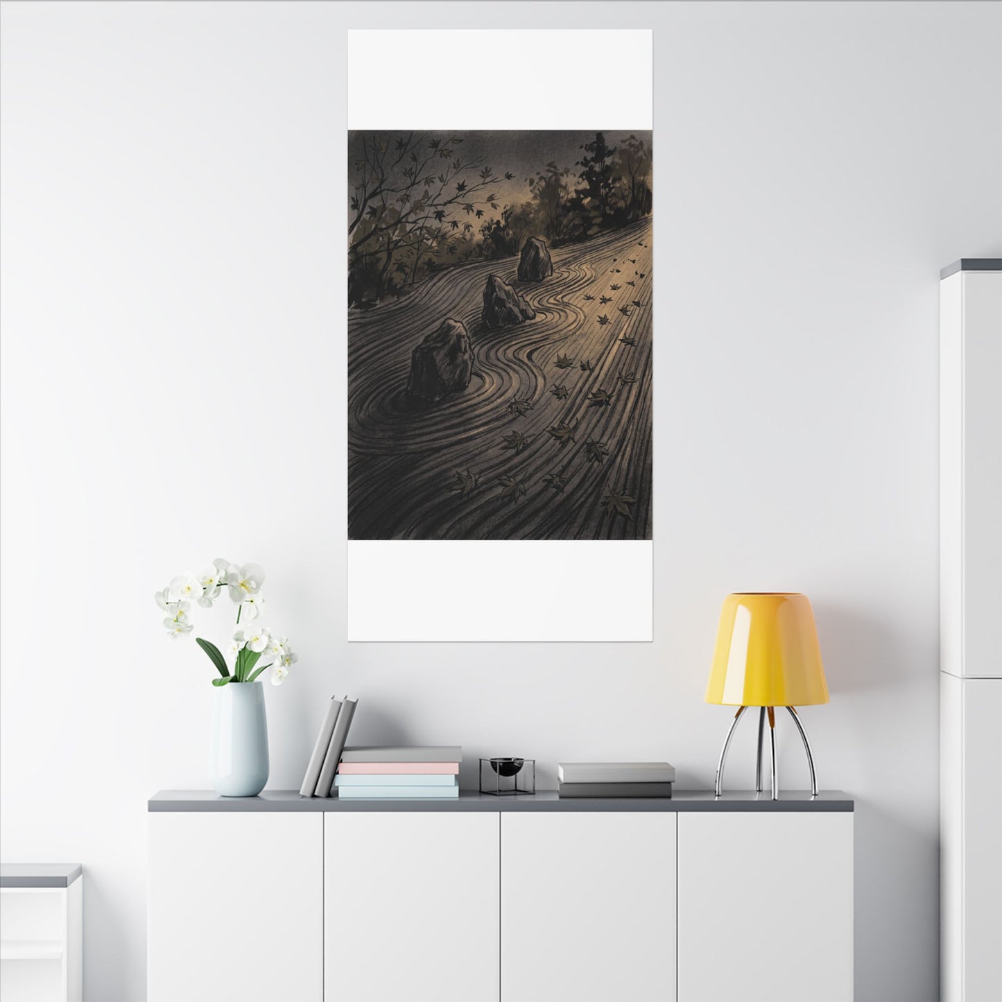 Rock Garden Canvas Art | Autumn Dark Japandi Charcoal Ink Art