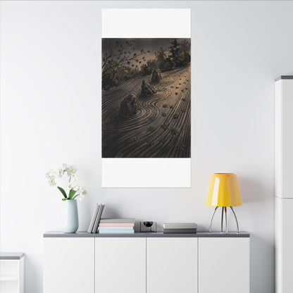 Rock Garden Canvas Art | Autumn Dark Japandi Charcoal Ink Art