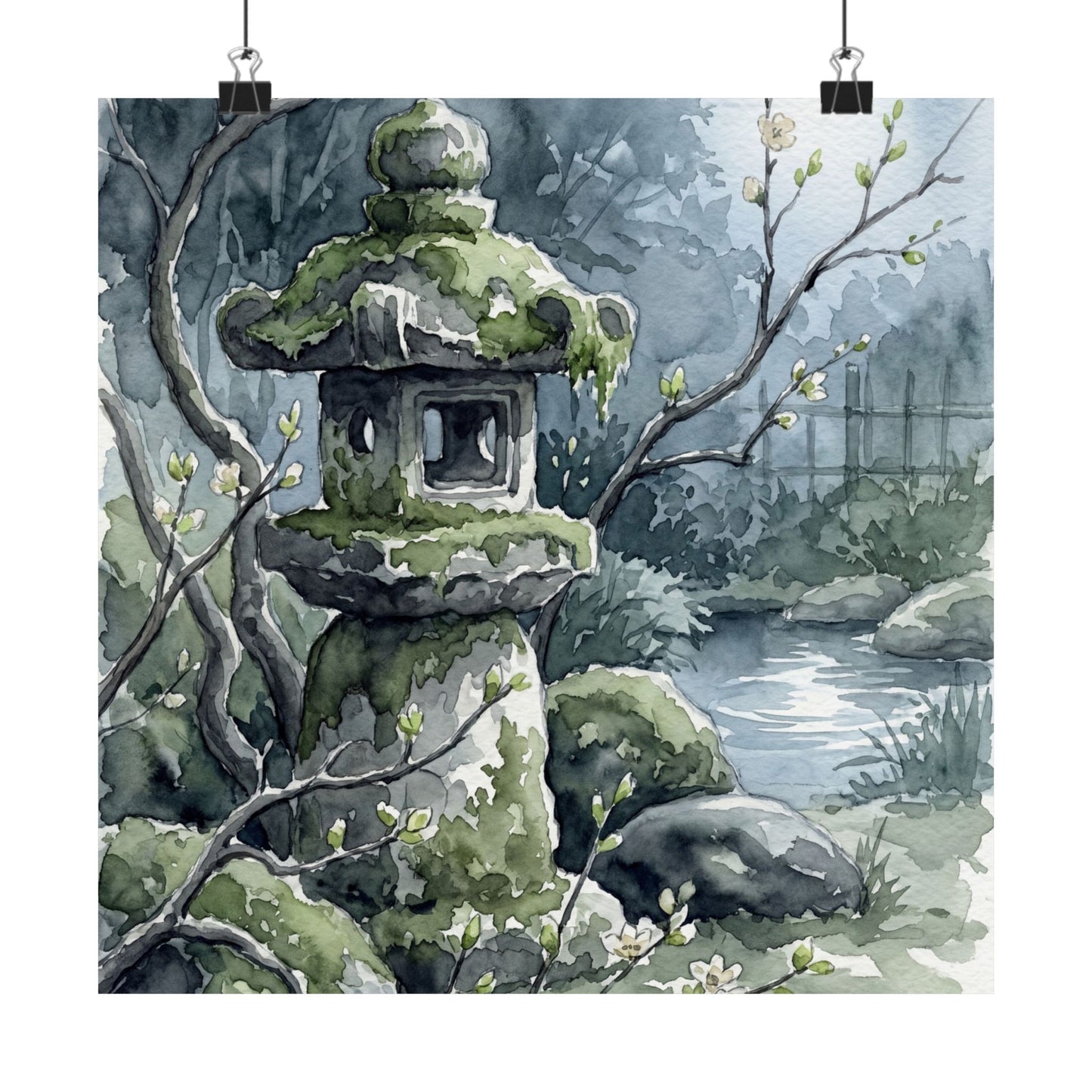 Japandi Stone Lantern in Moonlight | Watercolor Wall Art Print