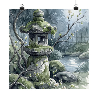 Japandi Stone Lantern in Moonlight | Watercolor Wall Art Print