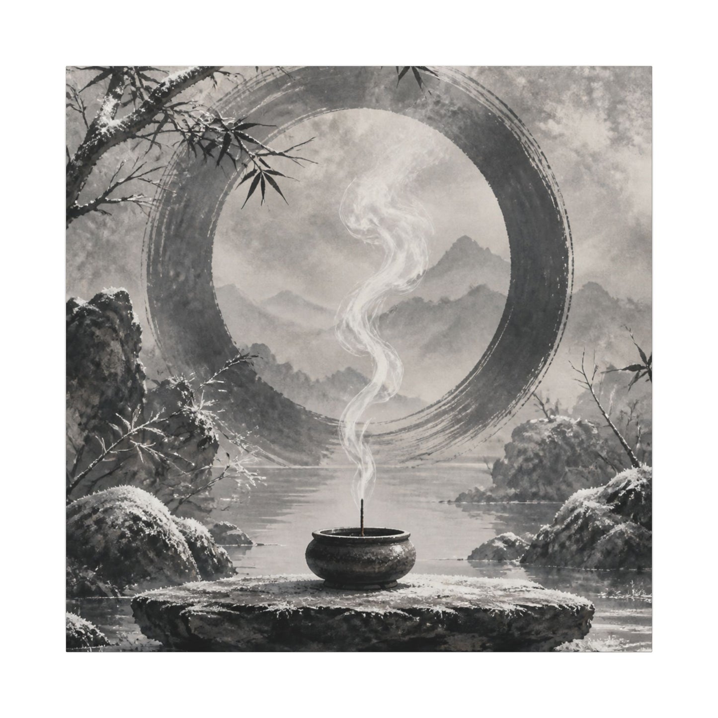 Incense Smoke Canvas Art | Winter Zen Sumi E Art