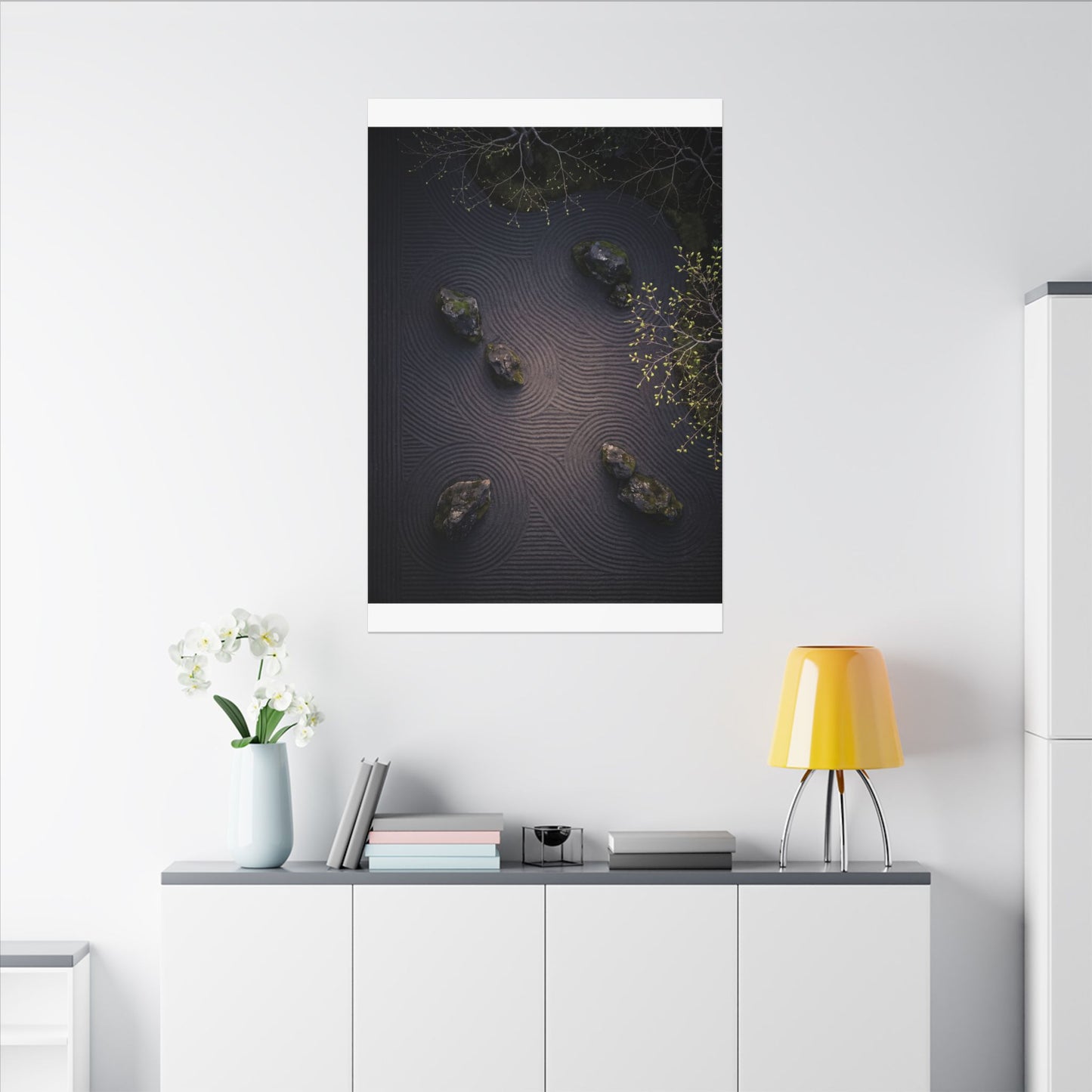 Dark Japandi Rock Garden in Dawn | Shadow Zen Canvas Art