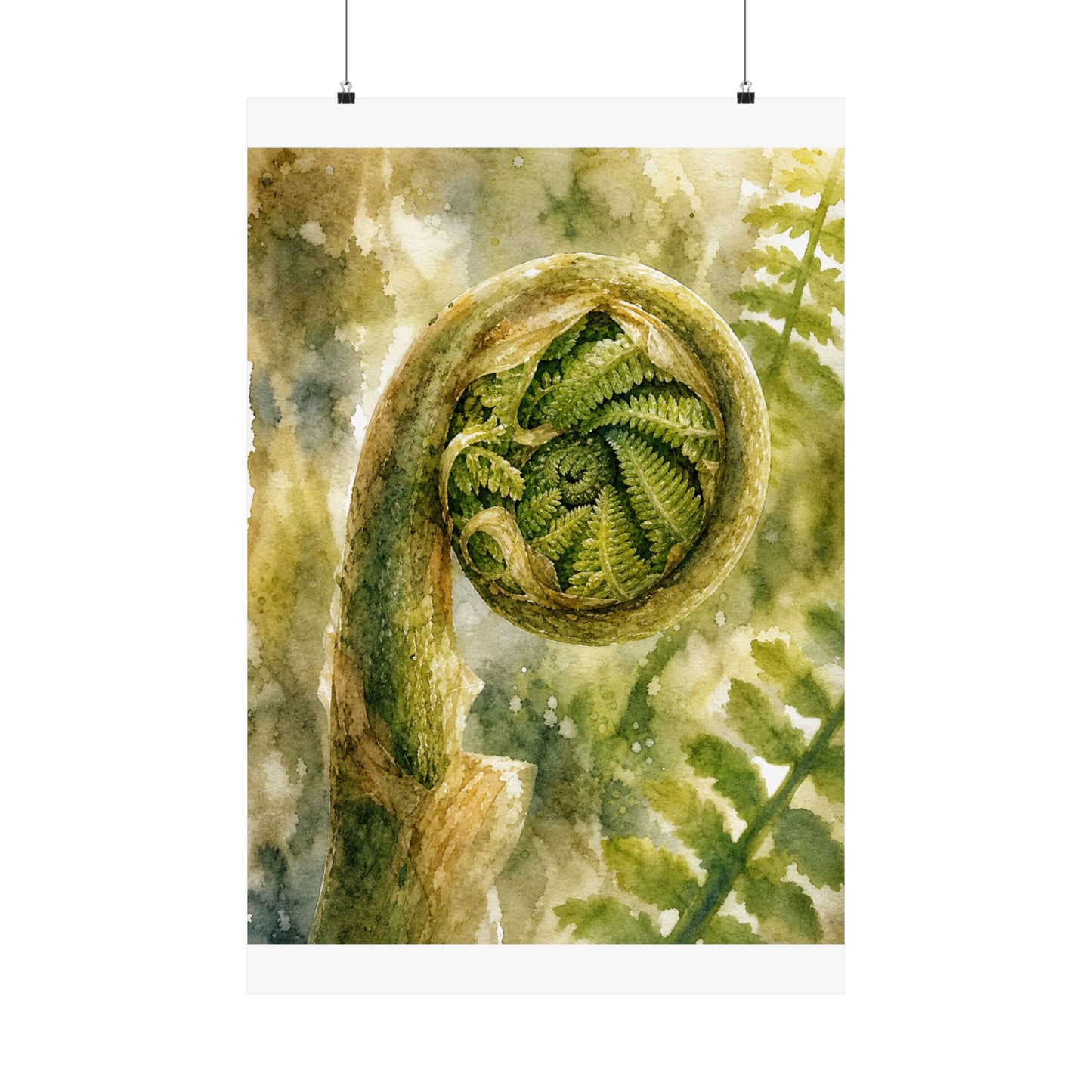 Elegant Fern Unfurling Wall Art Print - Watercolor Japandi
