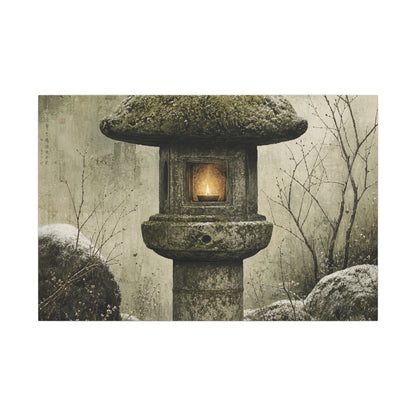 Stone Lantern Winter Canvas Art | Japandi Neutral Design
