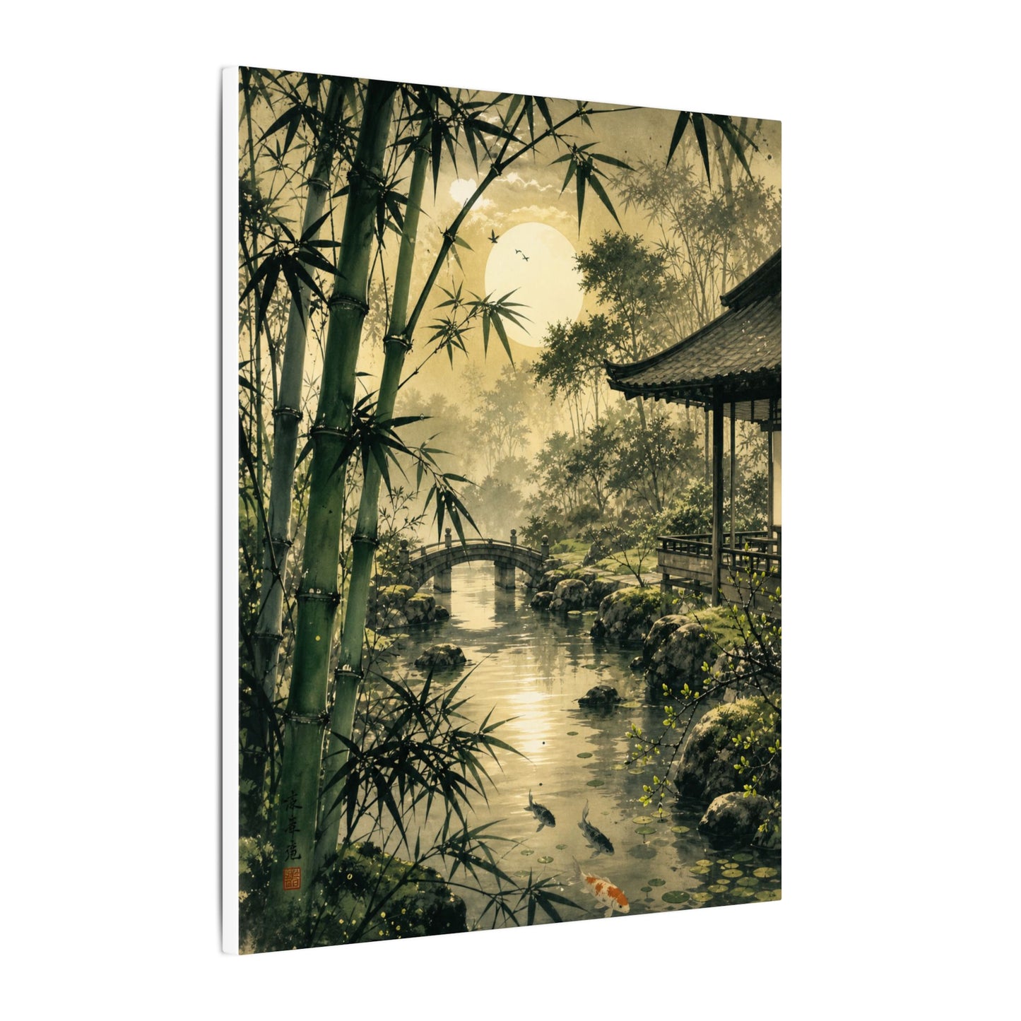 Moonlit Garden Sumi E Canvas Art | Calm Zen Art