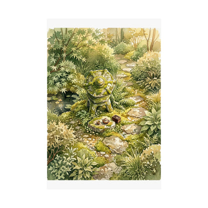 Japandi Stone Lantern in Golden Hour | Watercolor Wall Art Print