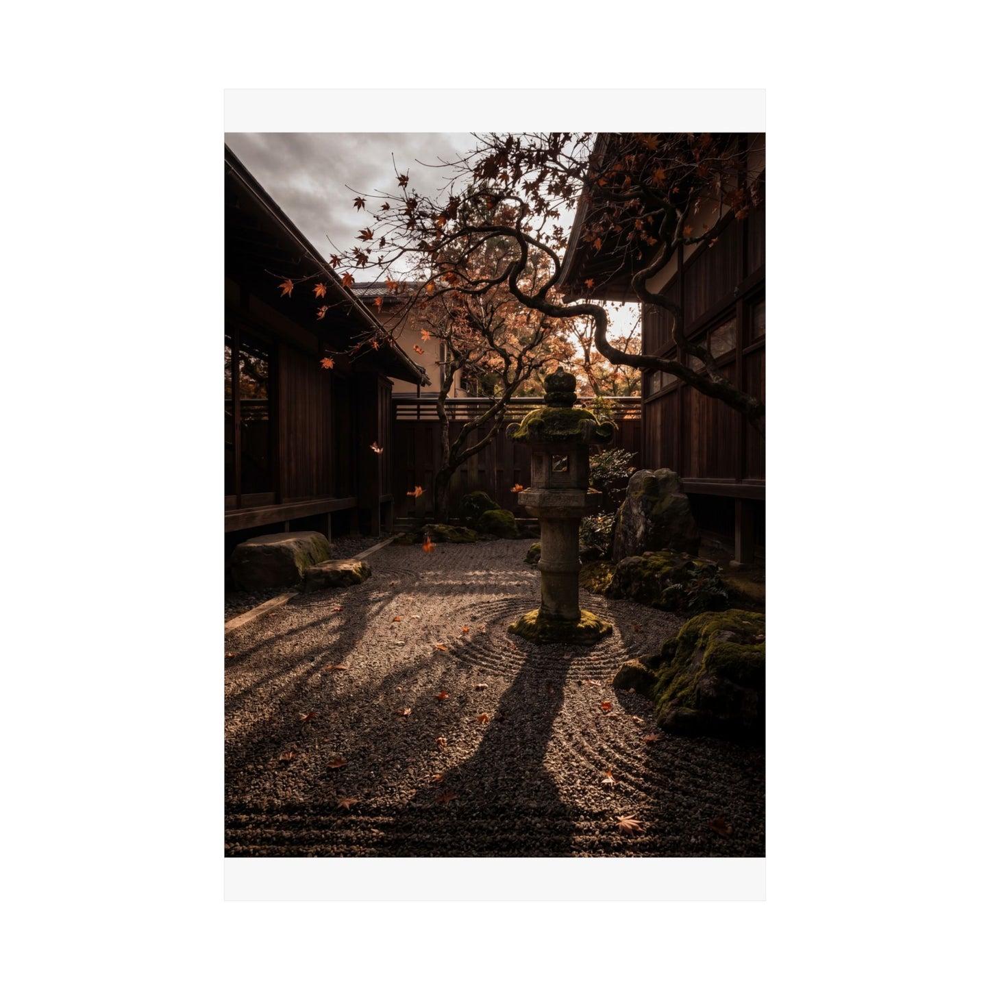 Autumn Stone Lantern Shadow Zen Wall Art Print | Moody Decor