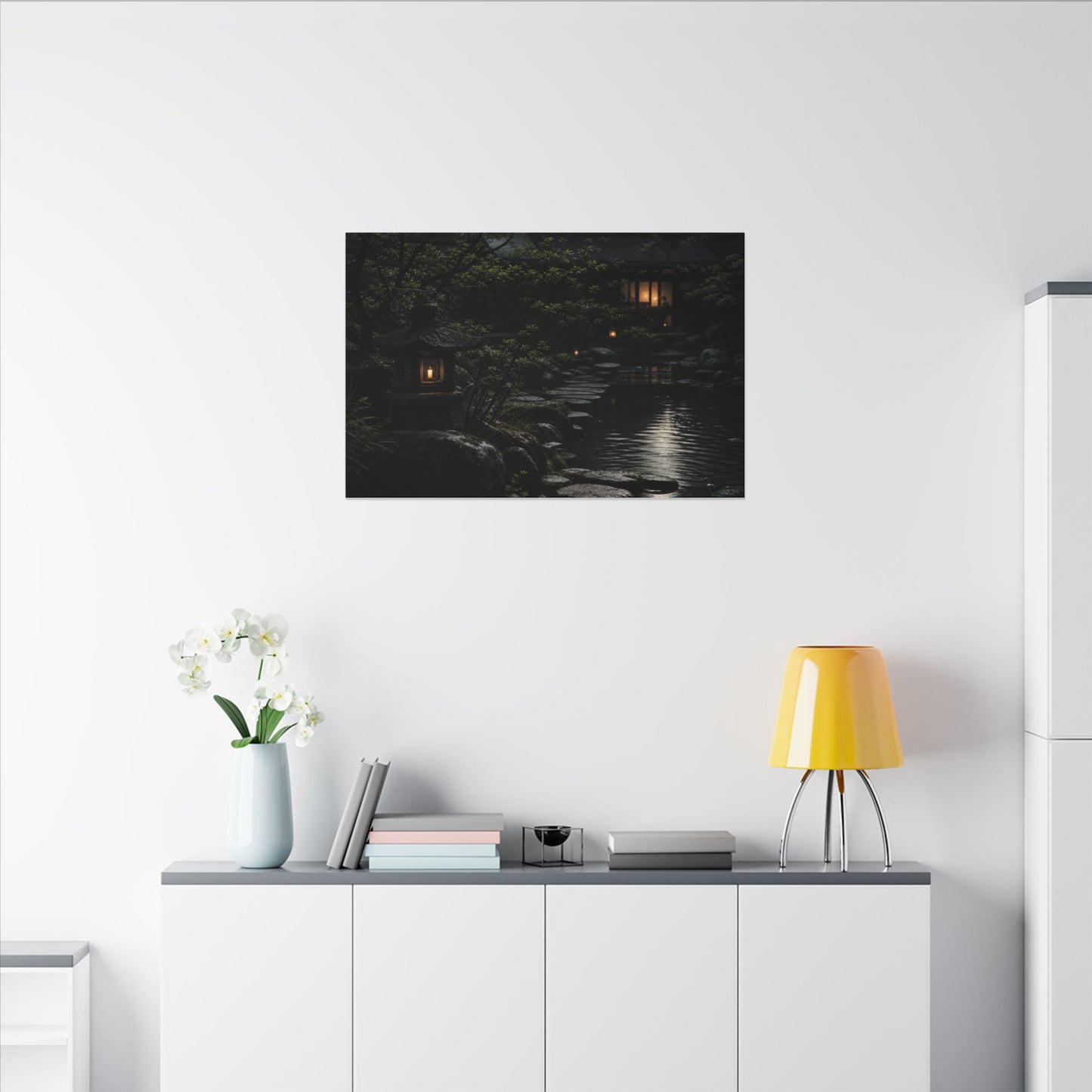 Moonlit Garden Shadow Zen Canvas Art | Sophisticated Dark Japandi Art