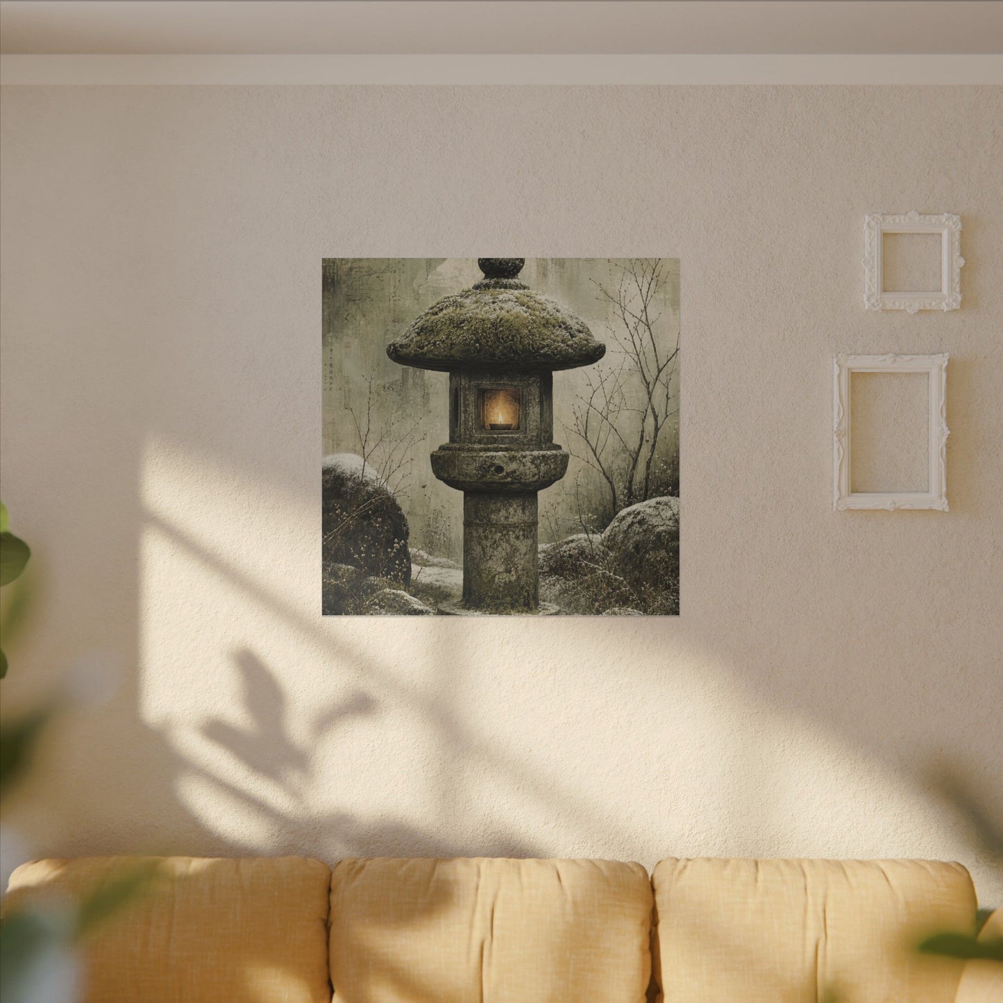 Stone Lantern Winter Canvas Art | Japandi Neutral Design