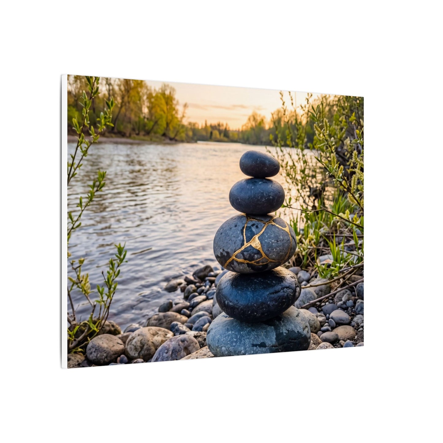 Kintsugi River Stones in Golden Hour | Gold Vein Canvas Art