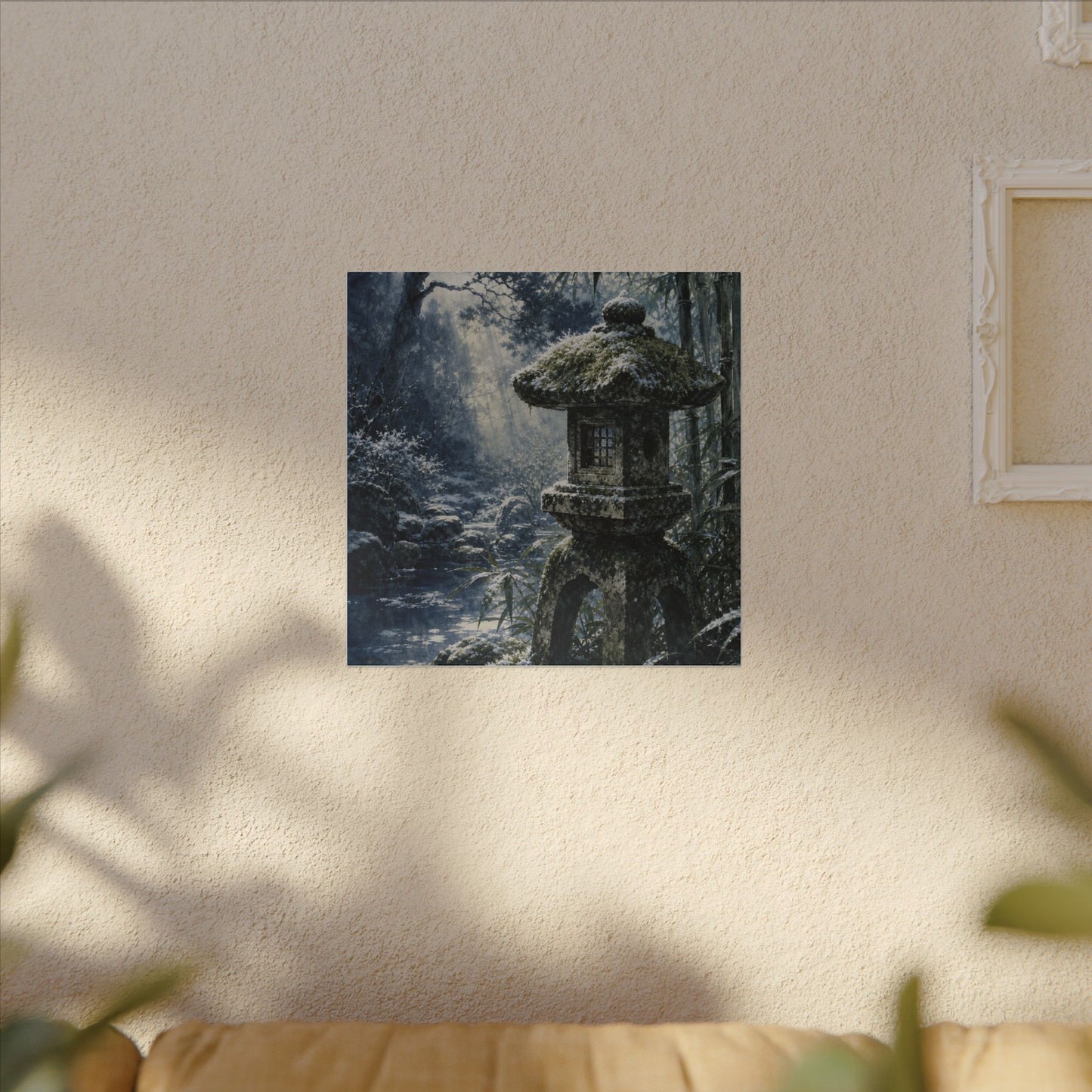 Zen Stone Lantern in Dappled | Sumi E Canvas Art