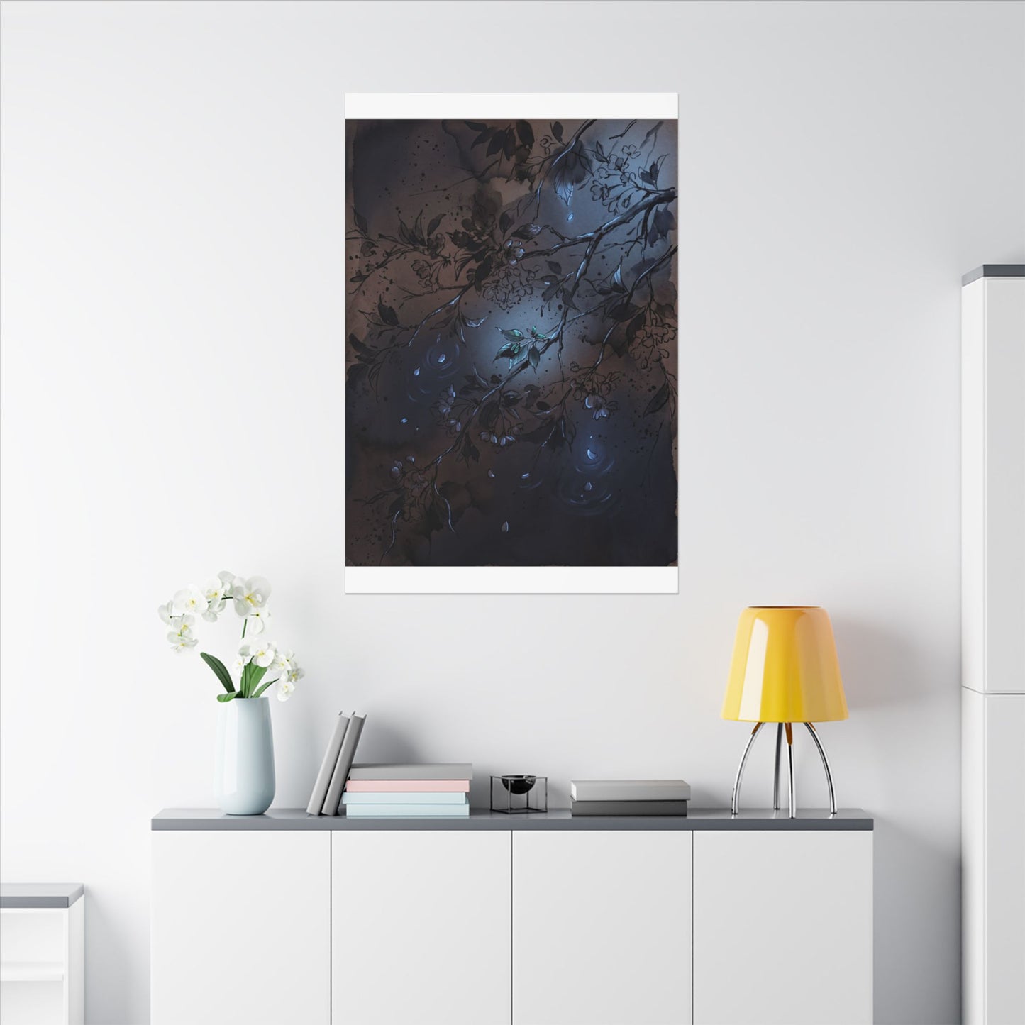 Bold Cherry Blossom Canvas Art - Charcoal Ink Dark Japandi