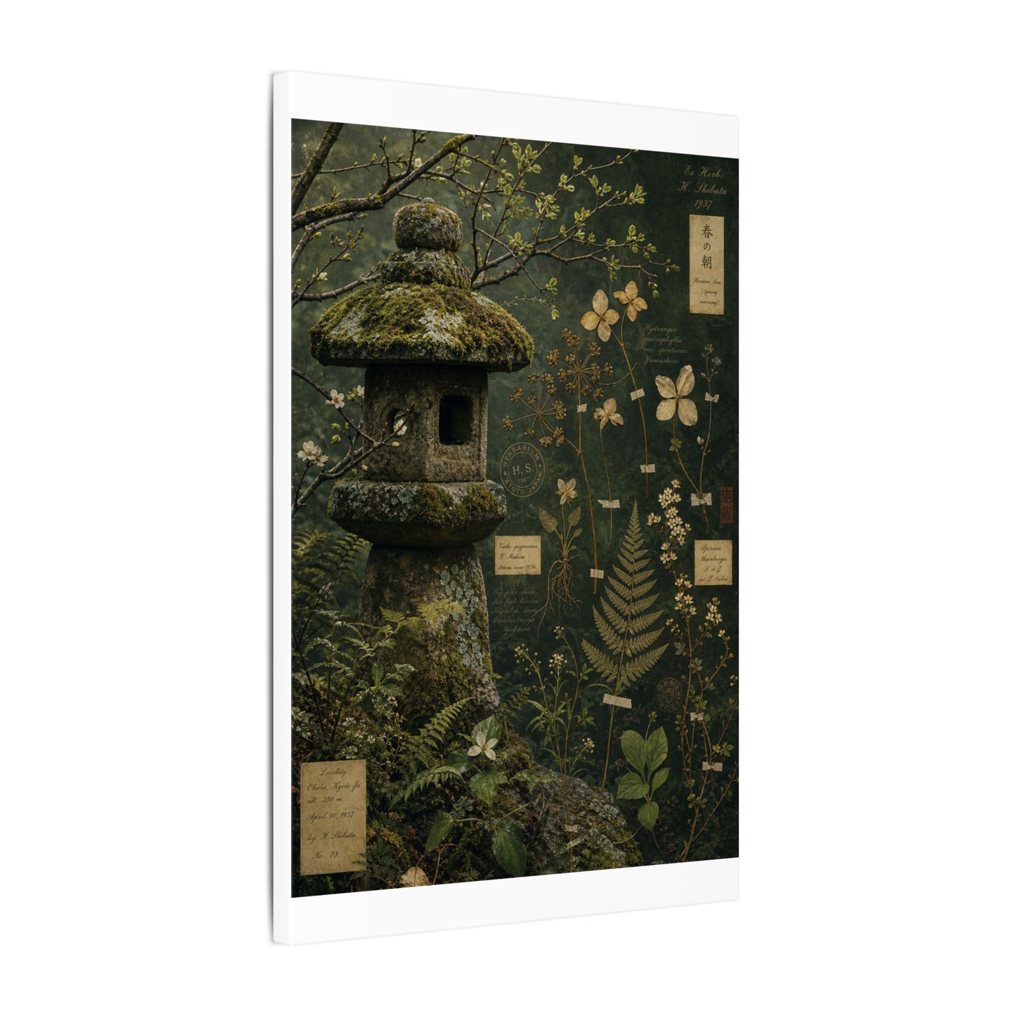 Spring Stone Lantern Herbarium Canvas Art | Nostalgic Decor