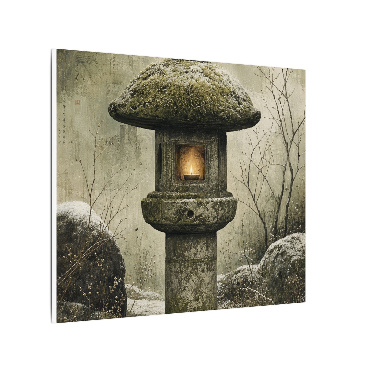 Stone Lantern Winter Canvas Art | Japandi Neutral Design