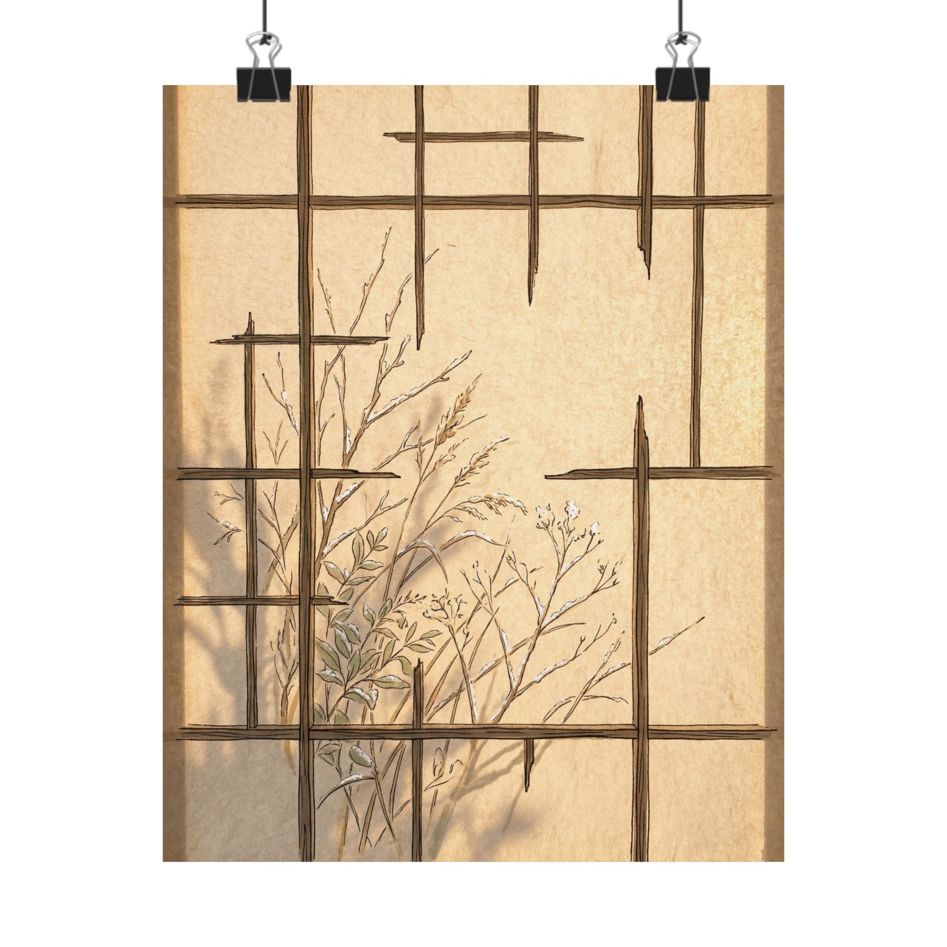 Japandi Shoji Screen in Golden Hour | Minimal Line Wall Art Print Art Print