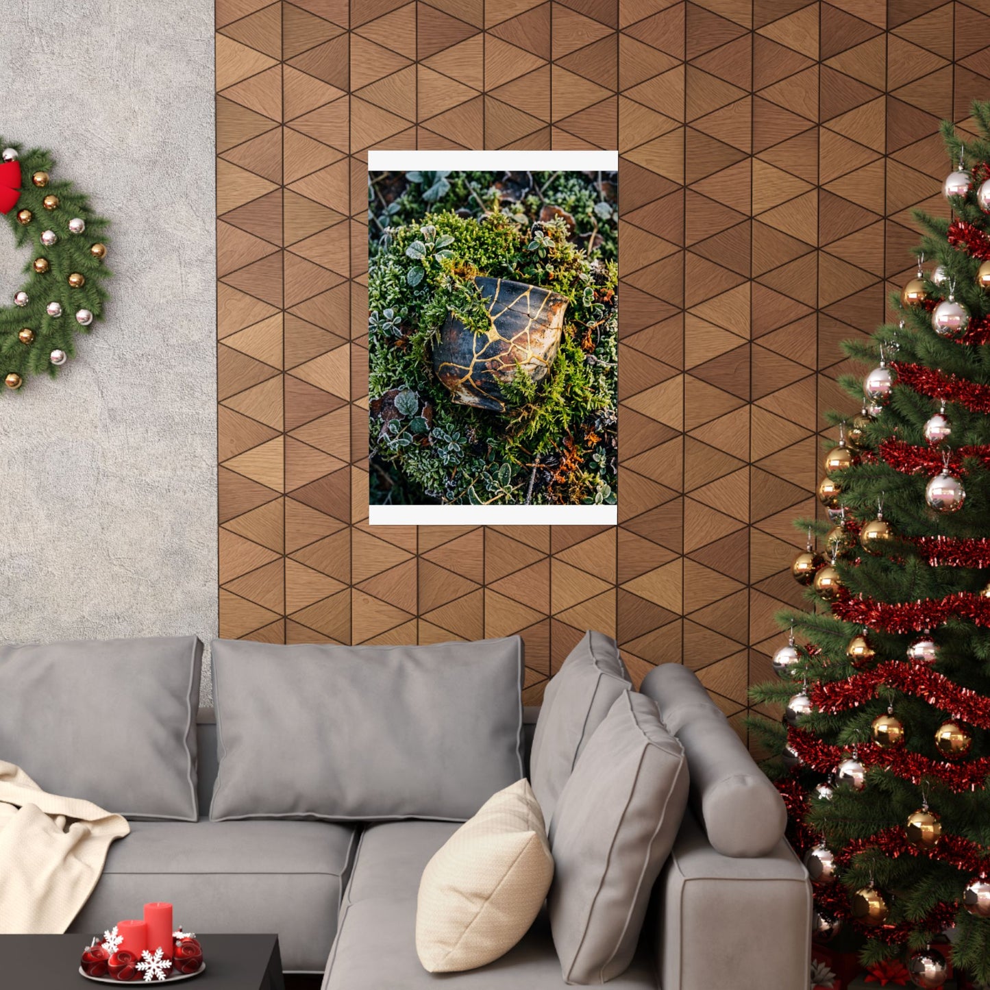 Winter Moss Close Up Gold Repair Wall Art Print | Beautiful Decor