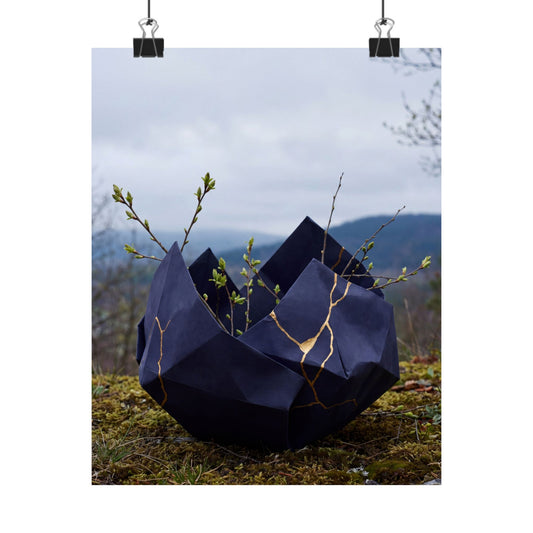 Kintsugi Paper Fold in Overcast | Gold Repair Wall Art Print