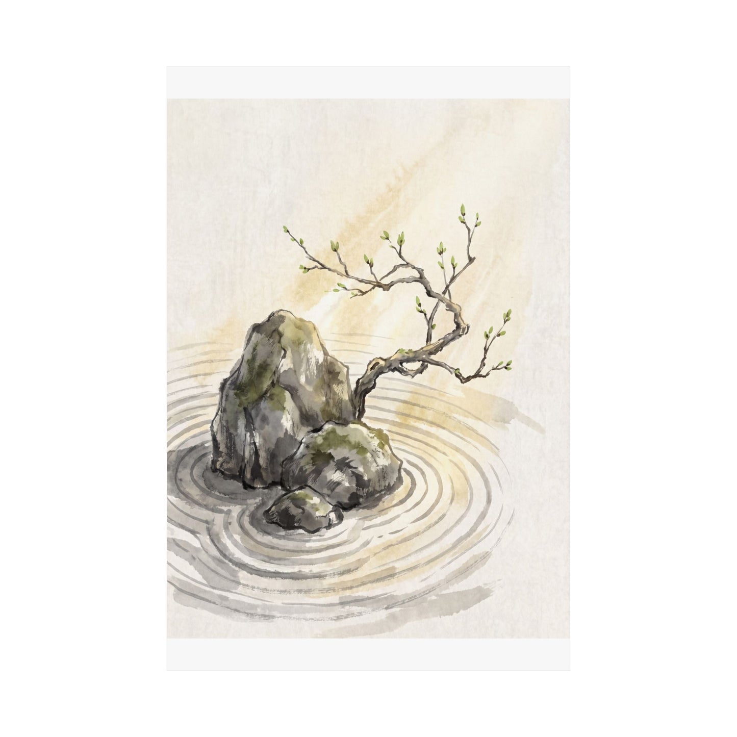 Zen Rock Garden in Golden Hour | Sumi E Wall Art Print
