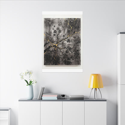 Kanso Cherry Blossom Canvas Art - Kintsugi Crackle Gold